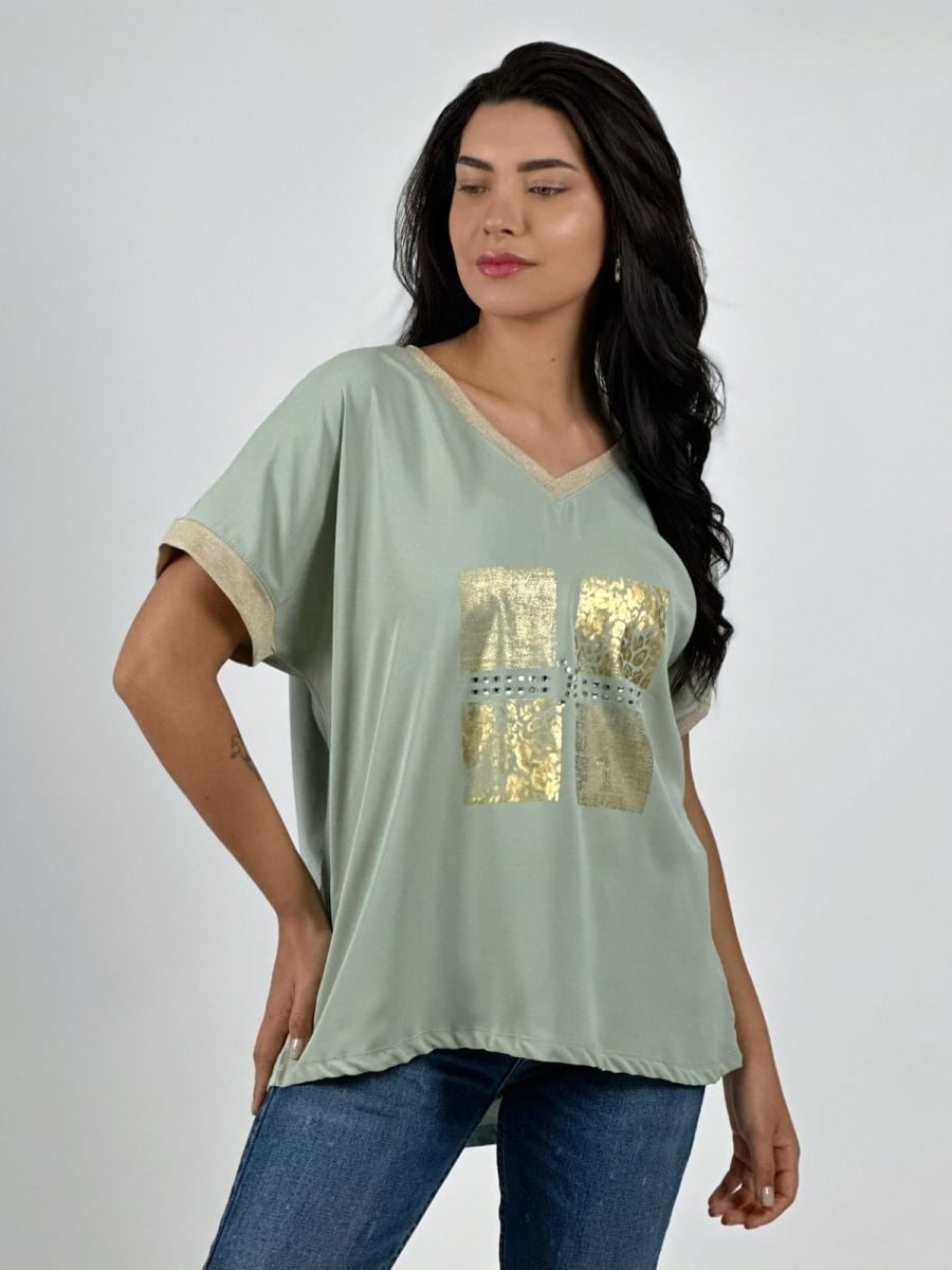 Polera Diseño Italiano Cuadros y Bordes Brillantes A2-572