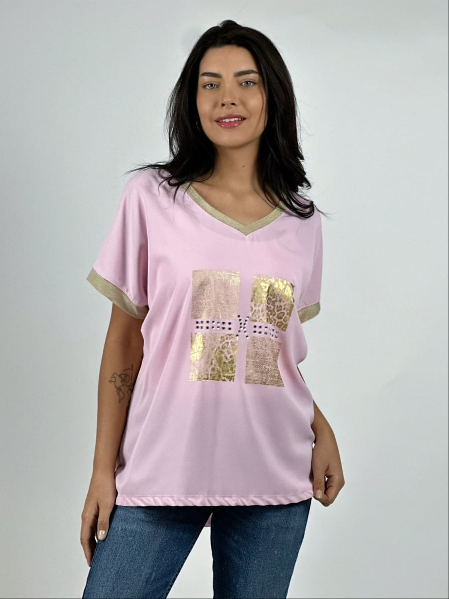 Polera Diseño Italiano Cuadros y Bordes Brillantes A2-574