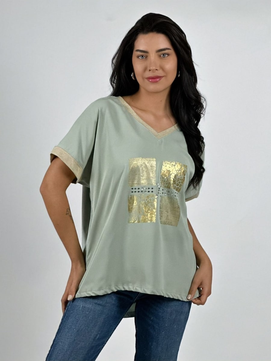 Polera Diseño Italiano Cuadros y Bordes Brillantes A2-571