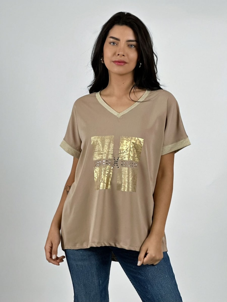 Polera Diseño Italiano Cuadros y Bordes Brillantes A2-577