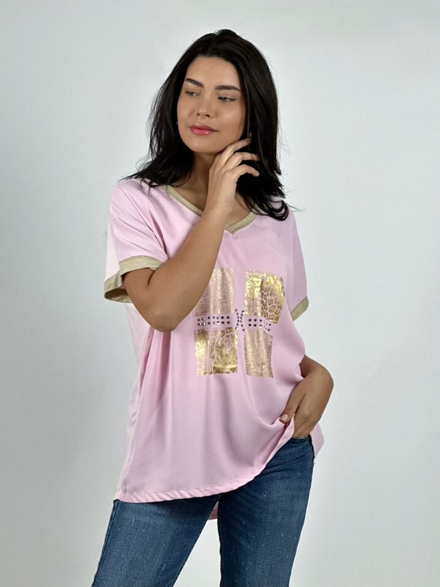 Polera Diseño Italiano Cuadros y Bordes Brillantes A2-575