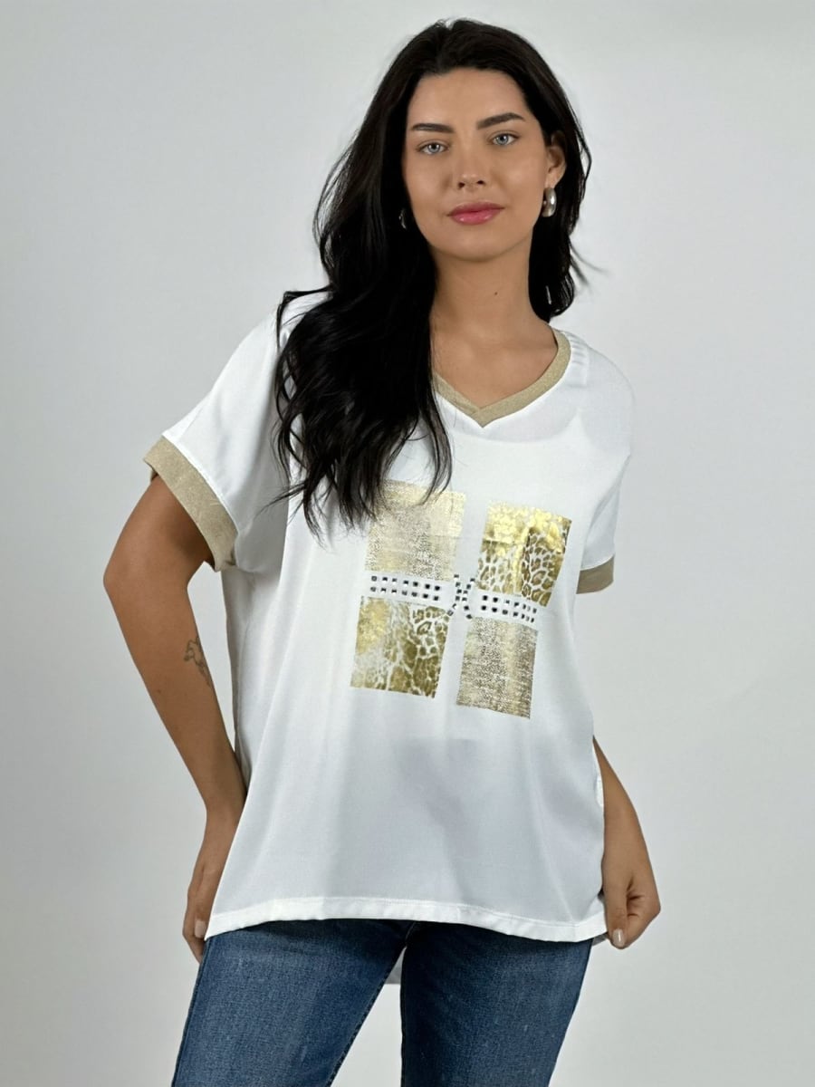 Polera Diseño Italiano Cuadros y Bordes Brillantes A2-5710