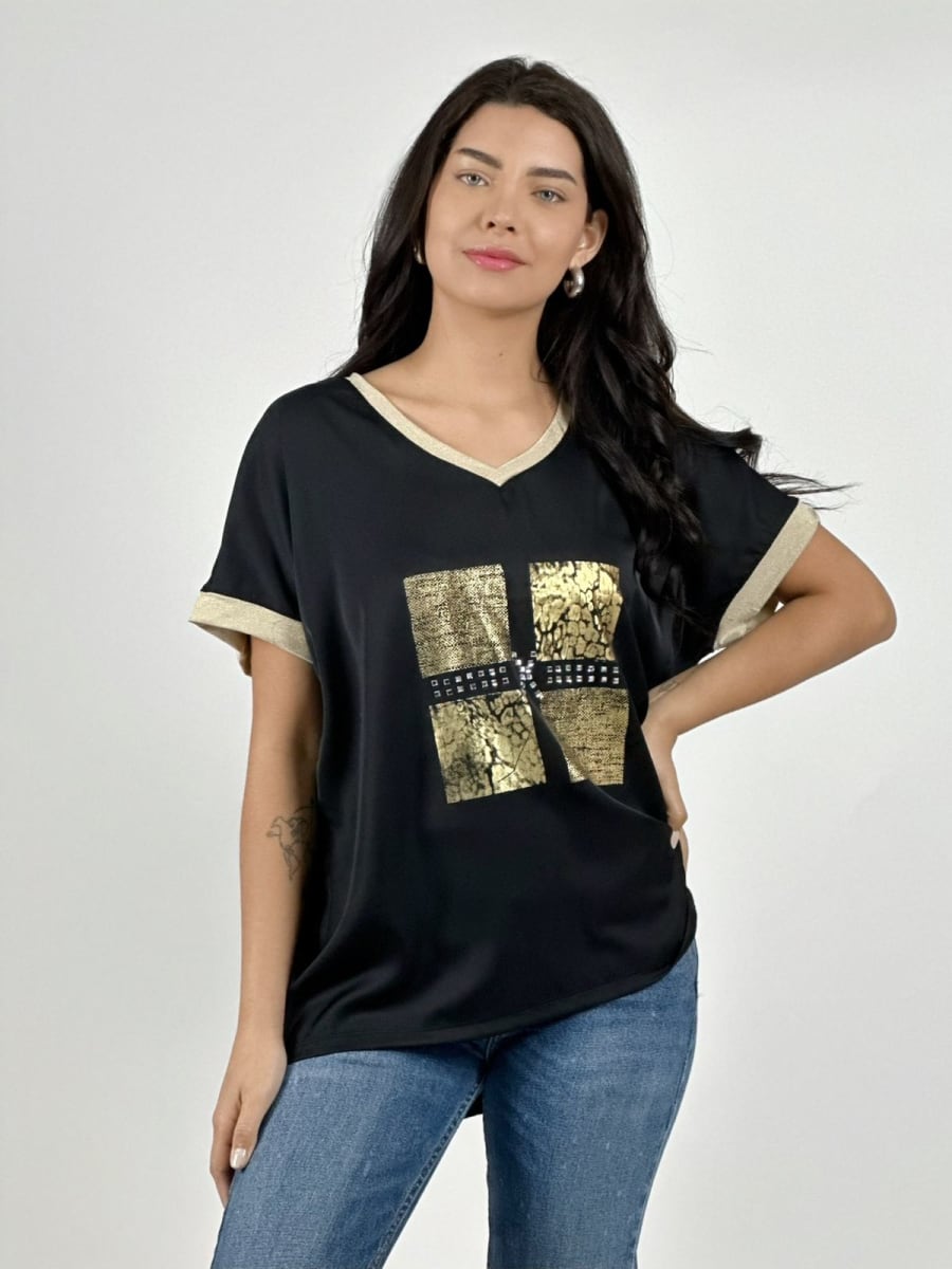 Polera Diseño Italiano Cuadros y Bordes Brillantes A2-5713