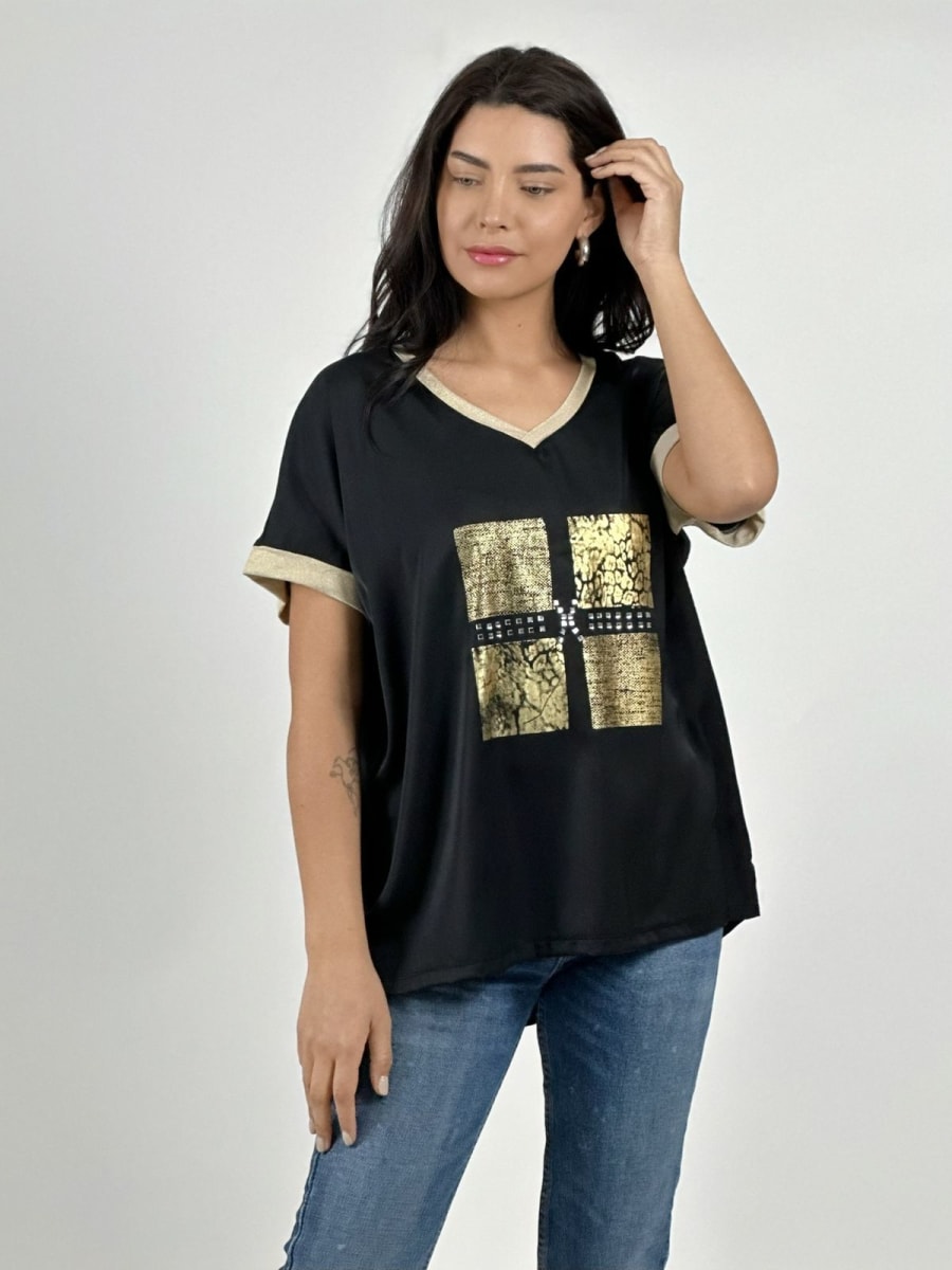 Polera Diseño Italiano Cuadros y Bordes Brillantes A2-5714