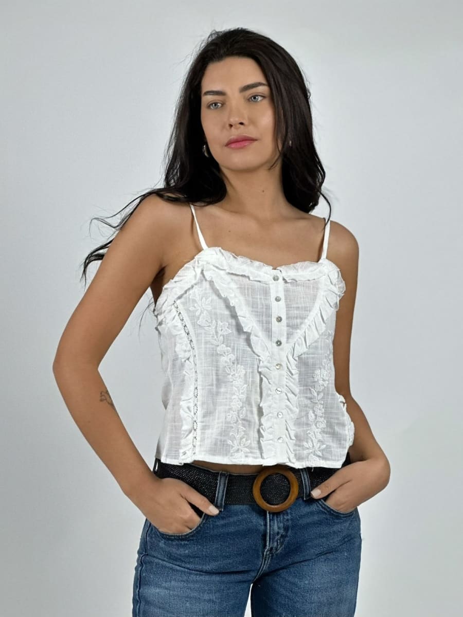 Polera Top Lino Bordado con Botones A2-581