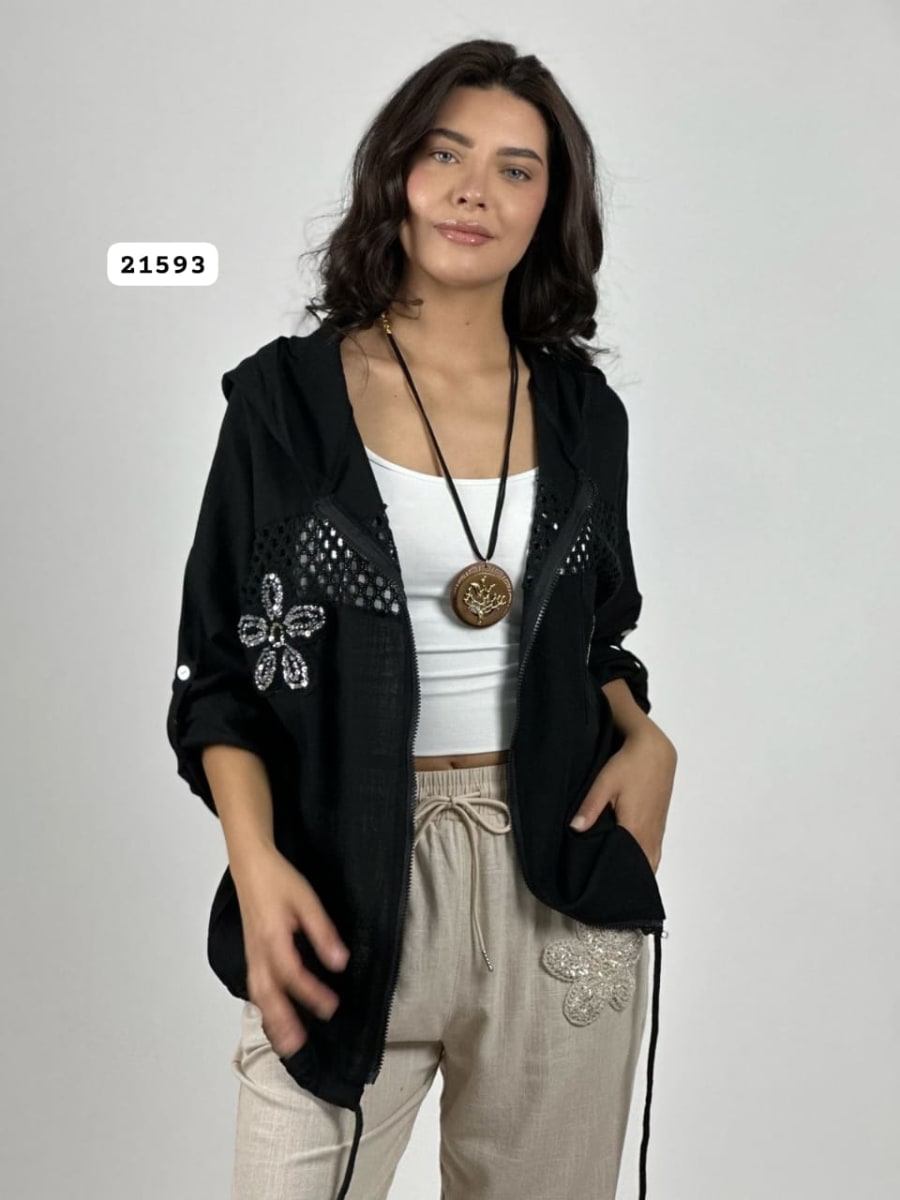 Poleron Lino Flor Brillo con Broderi A1-105