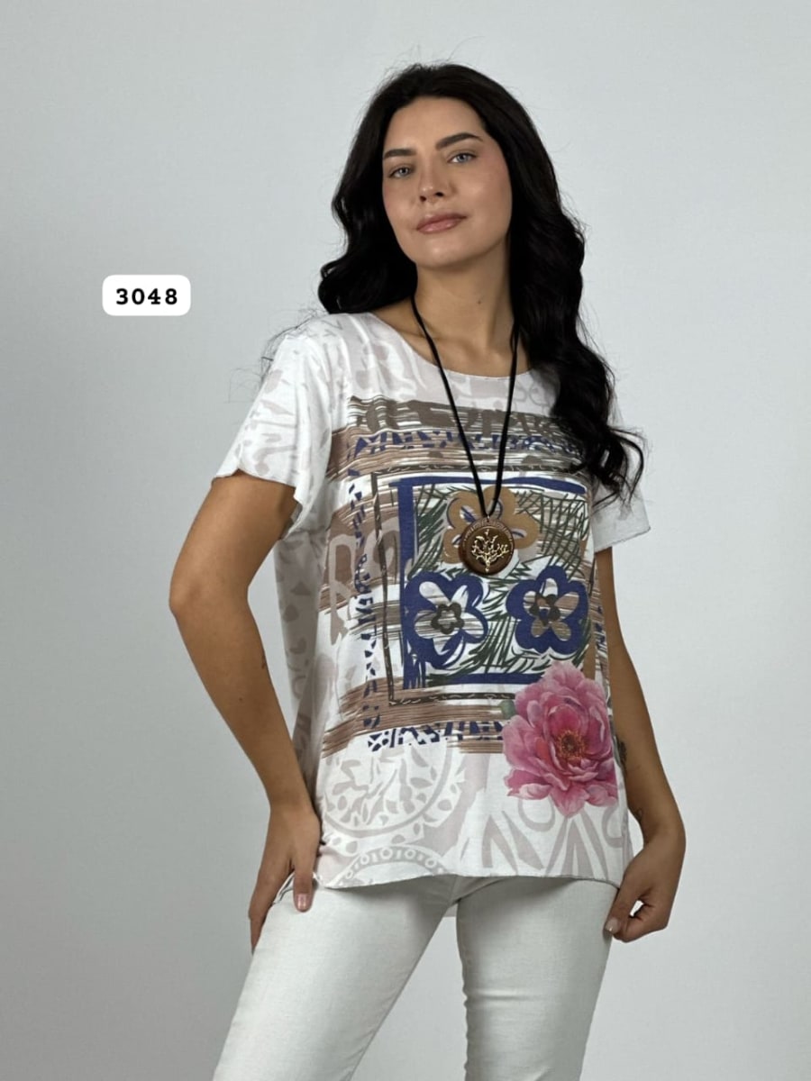 Polera Algodon Cuadro Abstracto Rosas A1-131