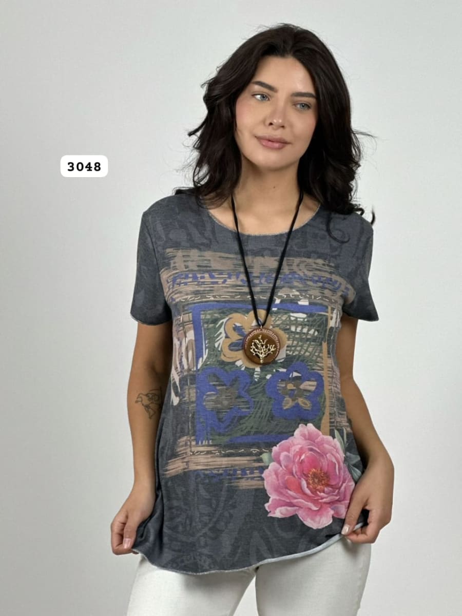 Polera Algodon Cuadro Abstracto Rosas A1-134