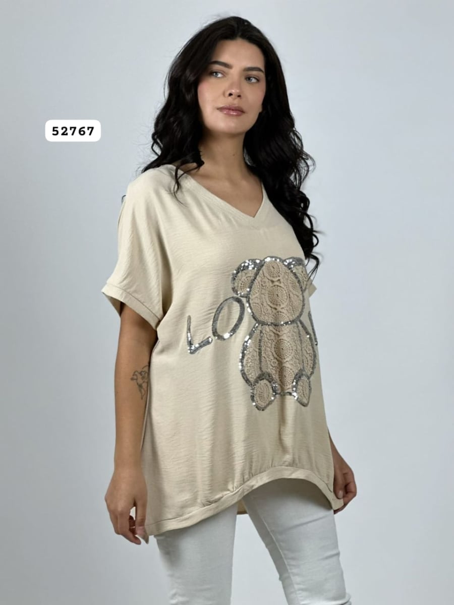 Polera Crepe LOVE Oso Brederi con Brillos A1-14