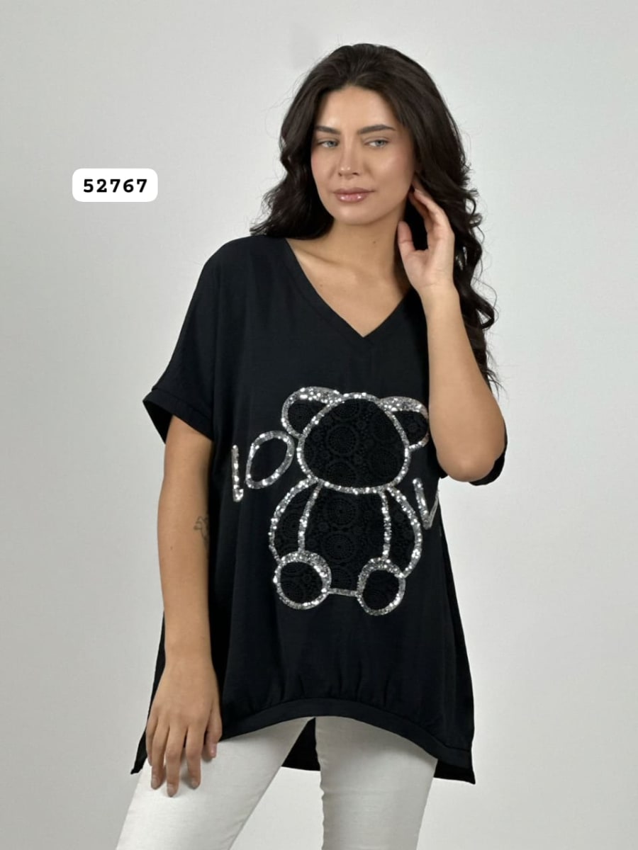 Polera Crepe LOVE Oso Brederi con Brillos A1-12