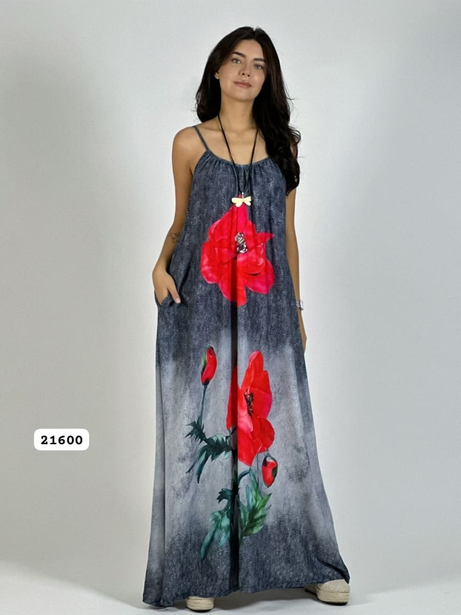 Vestido Mezcilla Delgada Con Flores Cayena A3-725