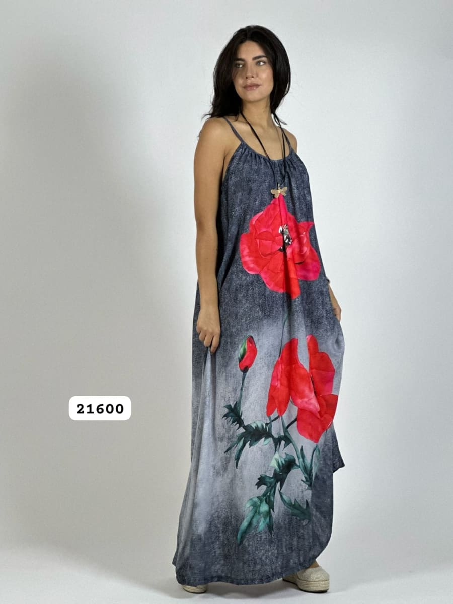 Vestido Mezcilla Delgada Con Flores Cayena A3-726