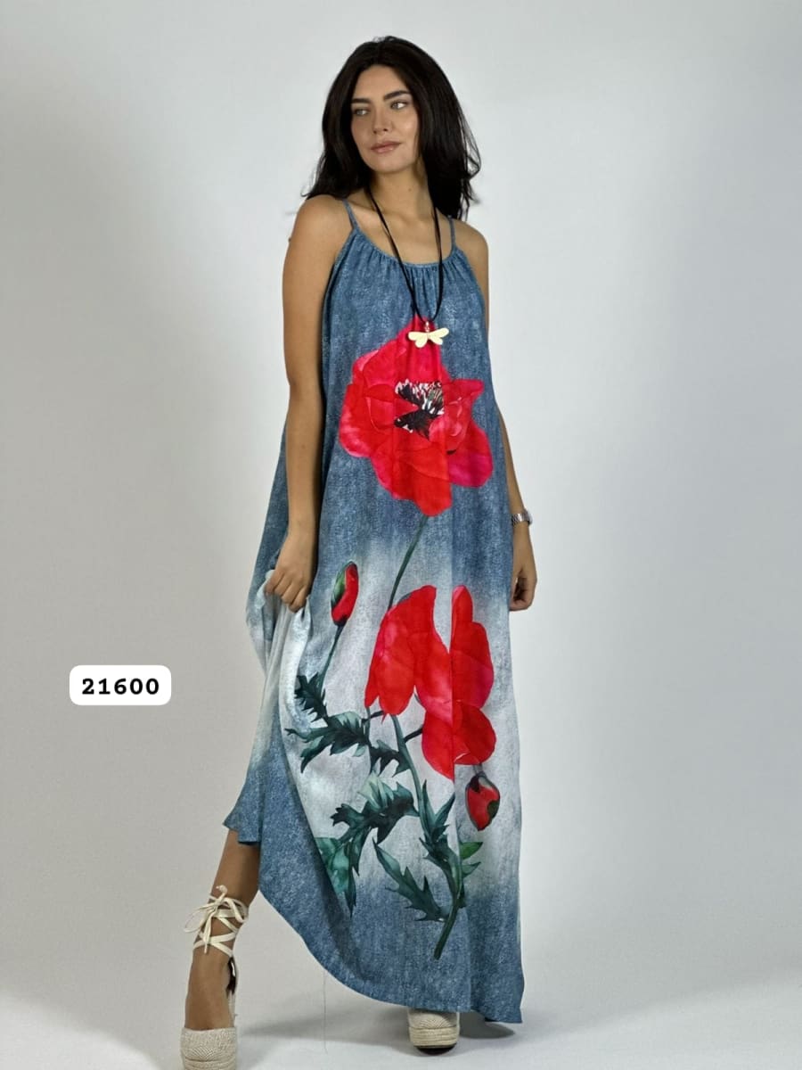 Vestido Mezcilla Delgada Con Flores Cayena A3-7213