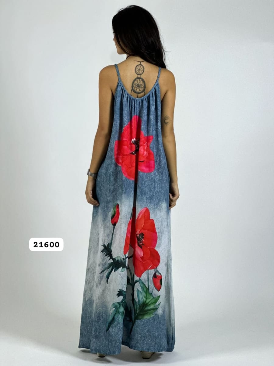 Vestido Mezcilla Delgada Con Flores Cayena A3-7215