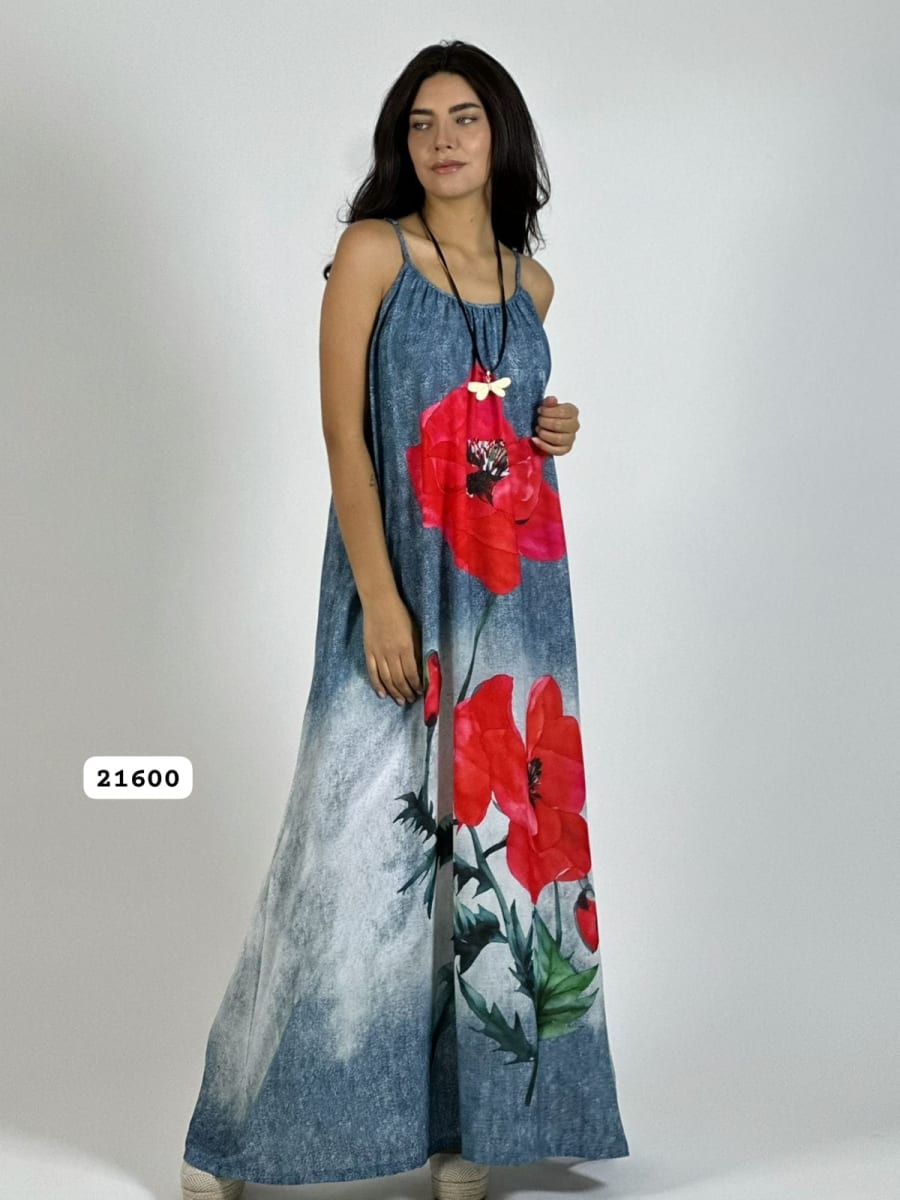 Vestido Mezcilla Delgada Con Flores Cayena A3-7214