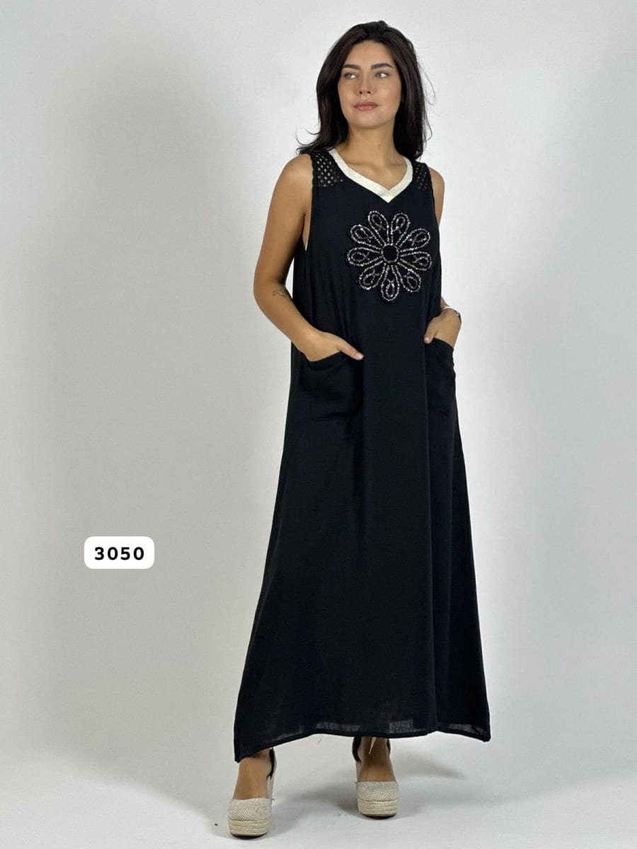 Vestido Lino Hombros Tejidos Flor Brillos A1-161