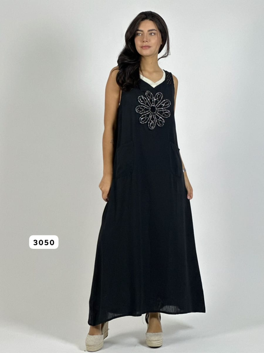 Vestido Lino Hombros Tejidos Flor Brillos A1-162