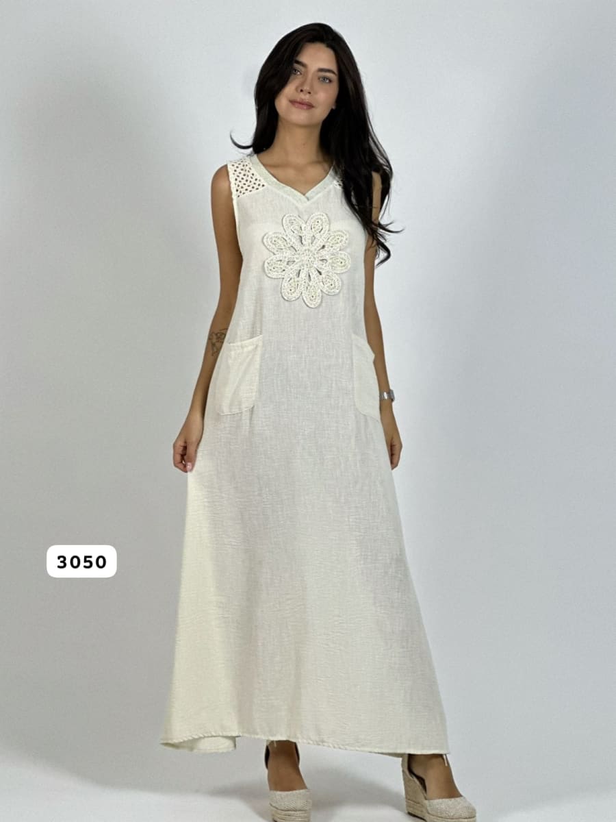 Vestido Lino Hombros Tejidos Flor Brillos A1-164