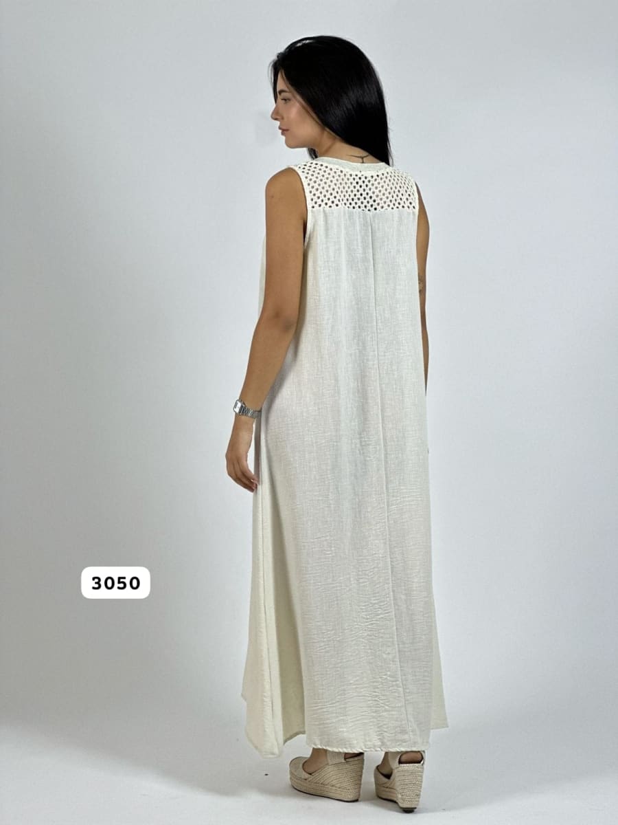 Vestido Lino Hombros Tejidos Flor Brillos A1-167