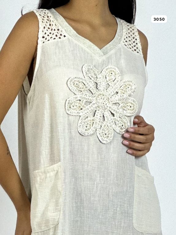 Vestido Lino Hombros Tejidos Flor Brillos A1-168