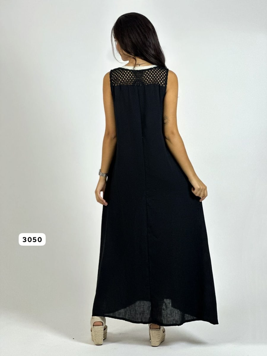 Vestido Lino Hombros Tejidos Flor Brillos A1-163