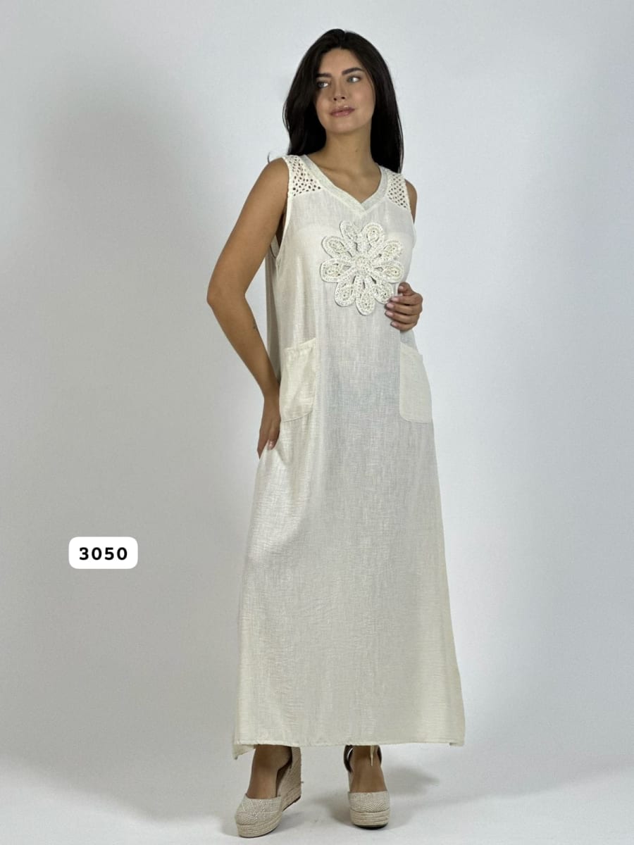 Vestido Lino Hombros Tejidos Flor Brillos A1-165