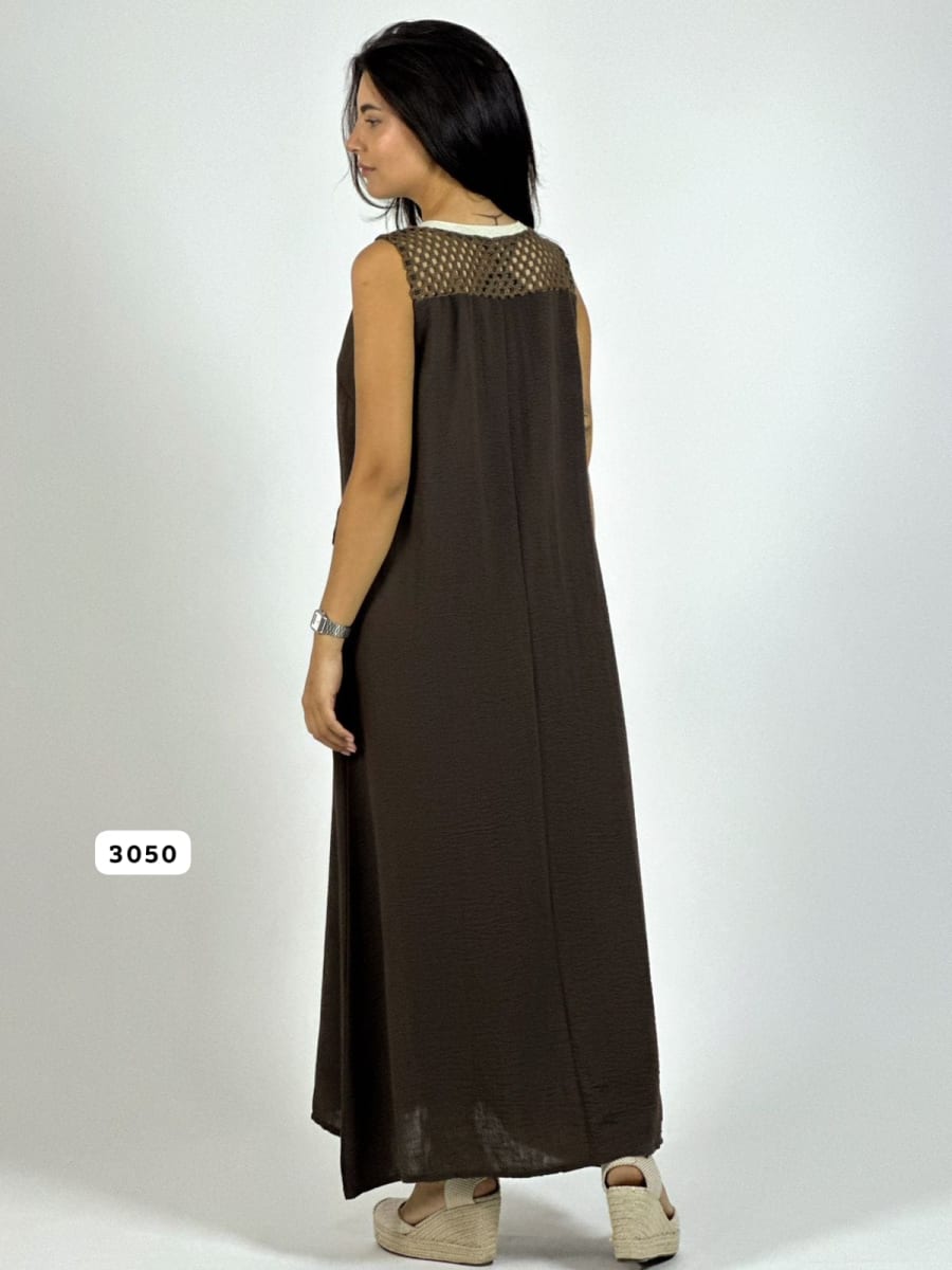 Vestido Lino Hombros Tejidos Flor Brillos A1-1612