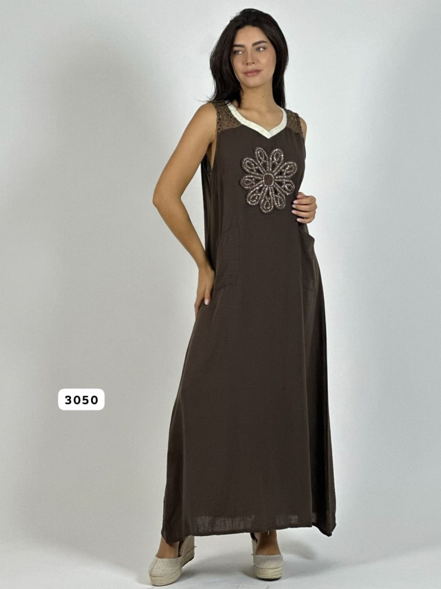 Vestido Lino Hombros Tejidos Flor Brillos A1-1611