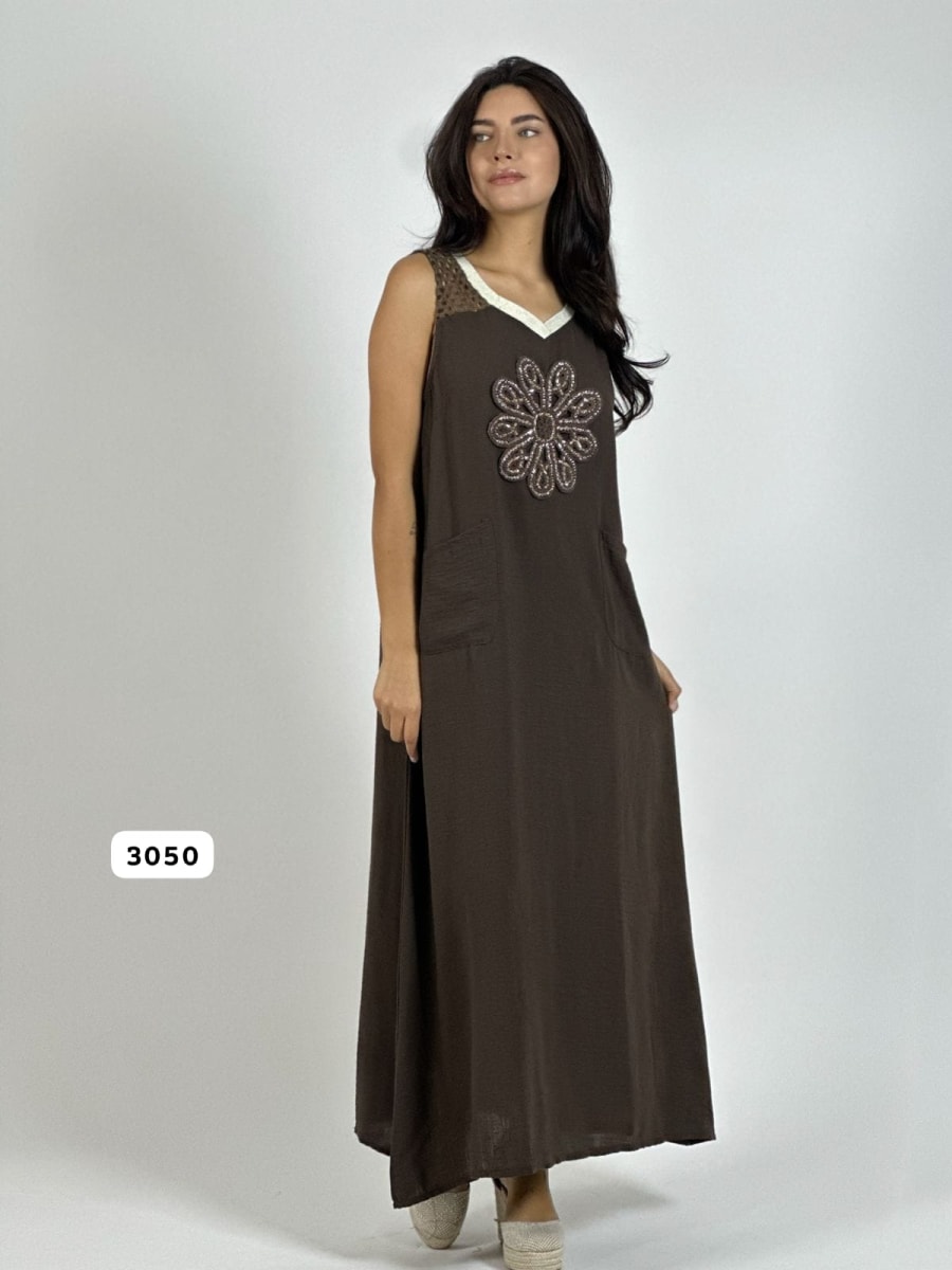 Vestido Lino Hombros Tejidos Flor Brillos A1-1610