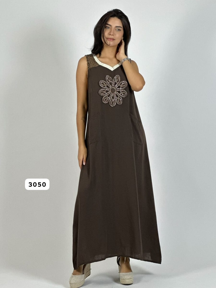 Vestido Lino Hombros Tejidos Flor Brillos A1-169