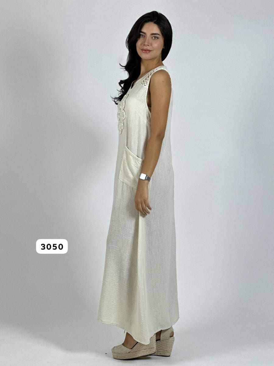 Vestido Lino Hombros Tejidos Flor Brillos A1-166