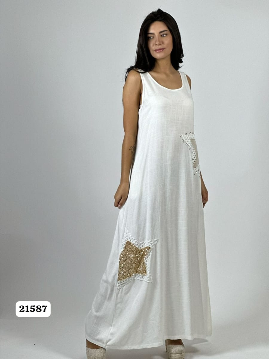 Vestido Lino Estrellas Tejidas con Brillos A1-132