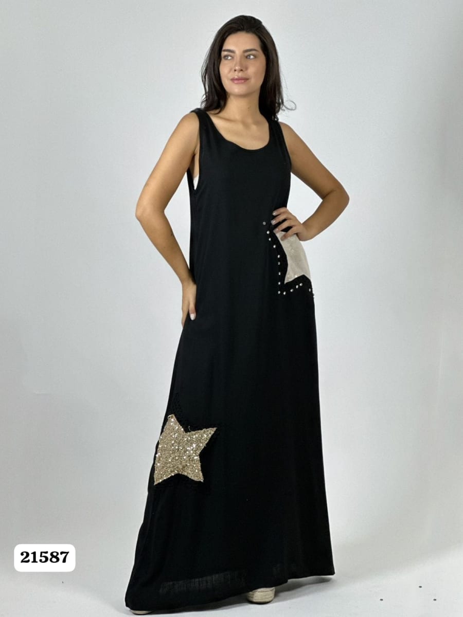Vestido Lino Estrellas Tejidas con Brillos A1-135