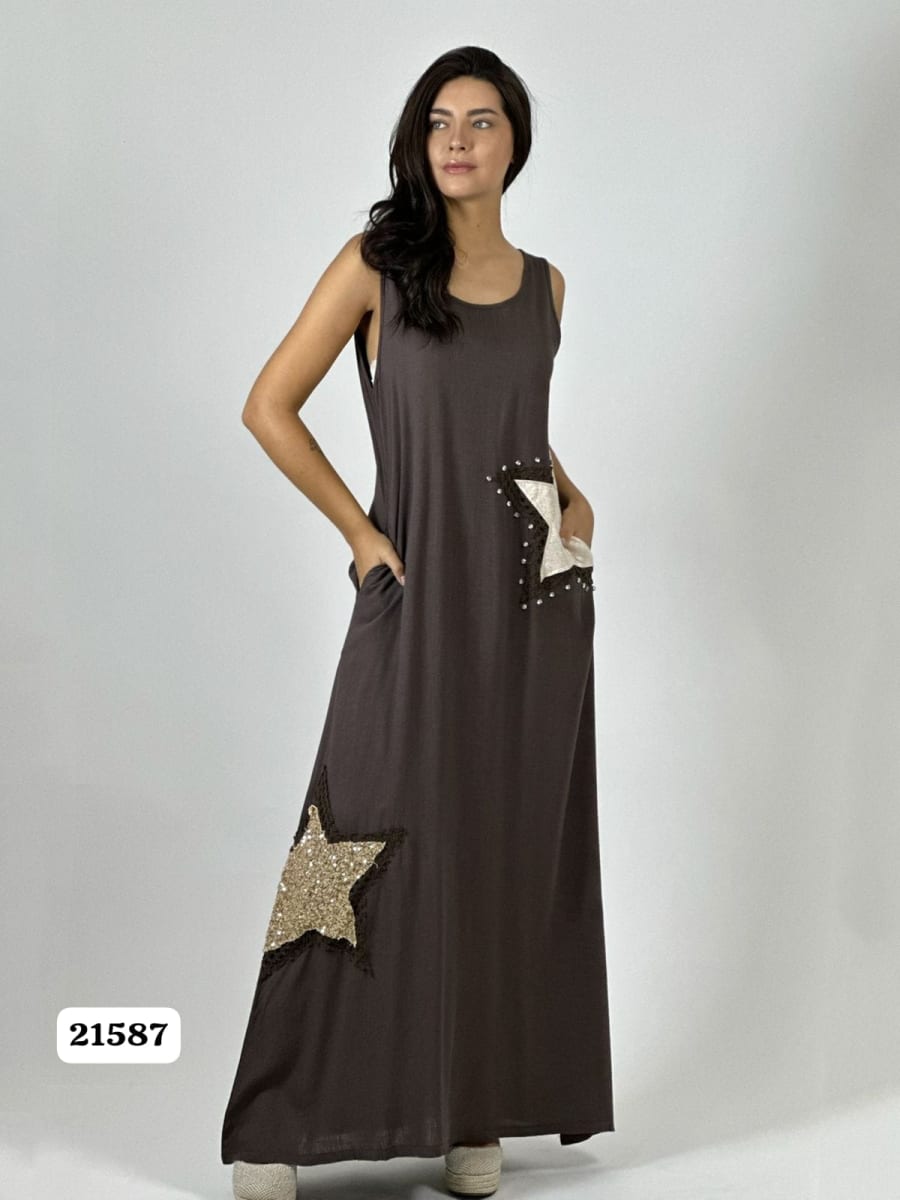 Vestido Lino Estrellas Tejidas con Brillos A1-137