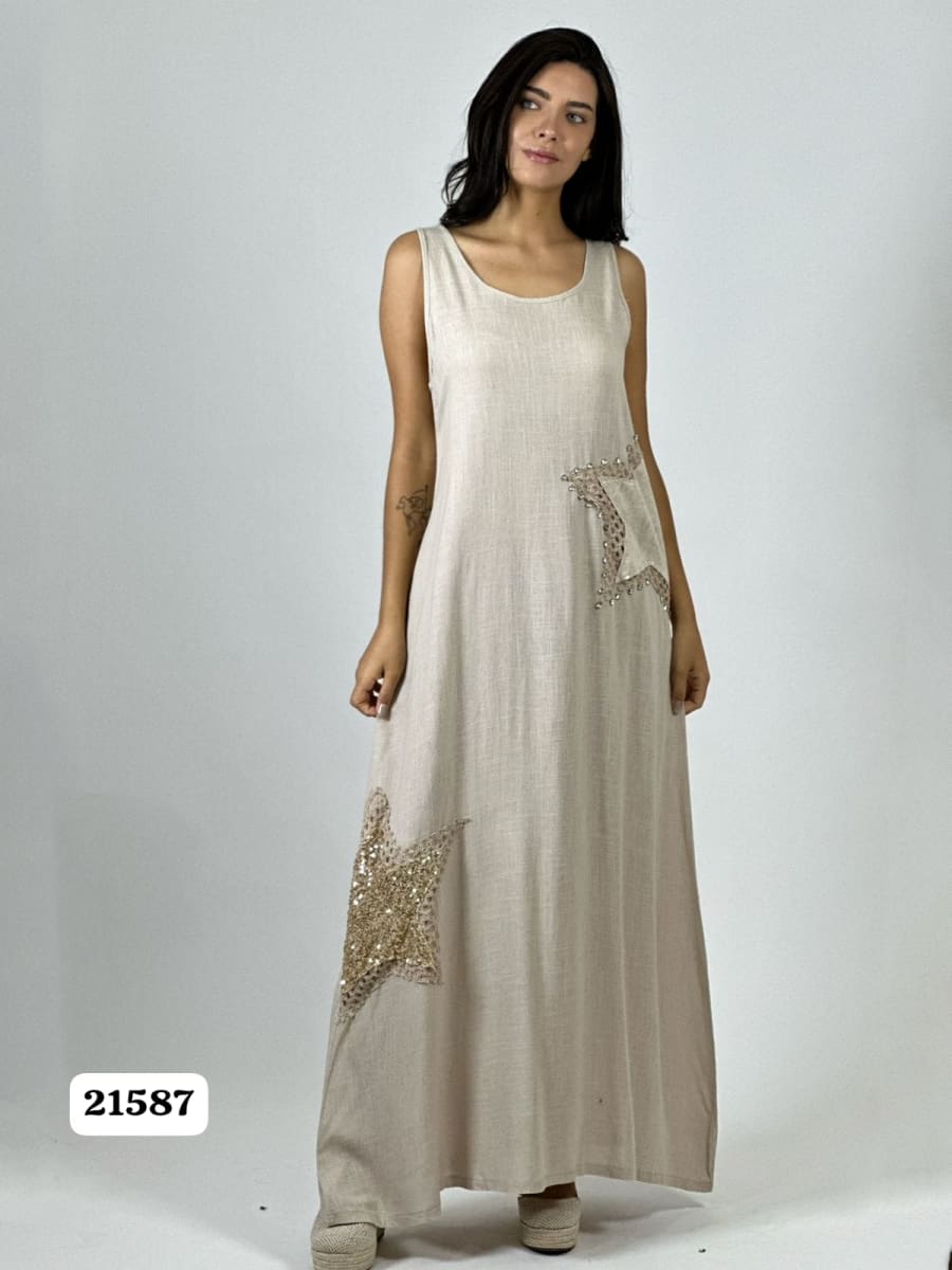 Vestido Lino Estrellas Tejidas con Brillos A1-1311