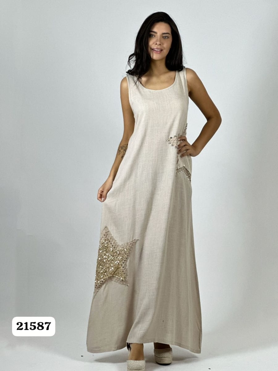 Vestido Lino Estrellas Tejidas con Brillos A1-1312