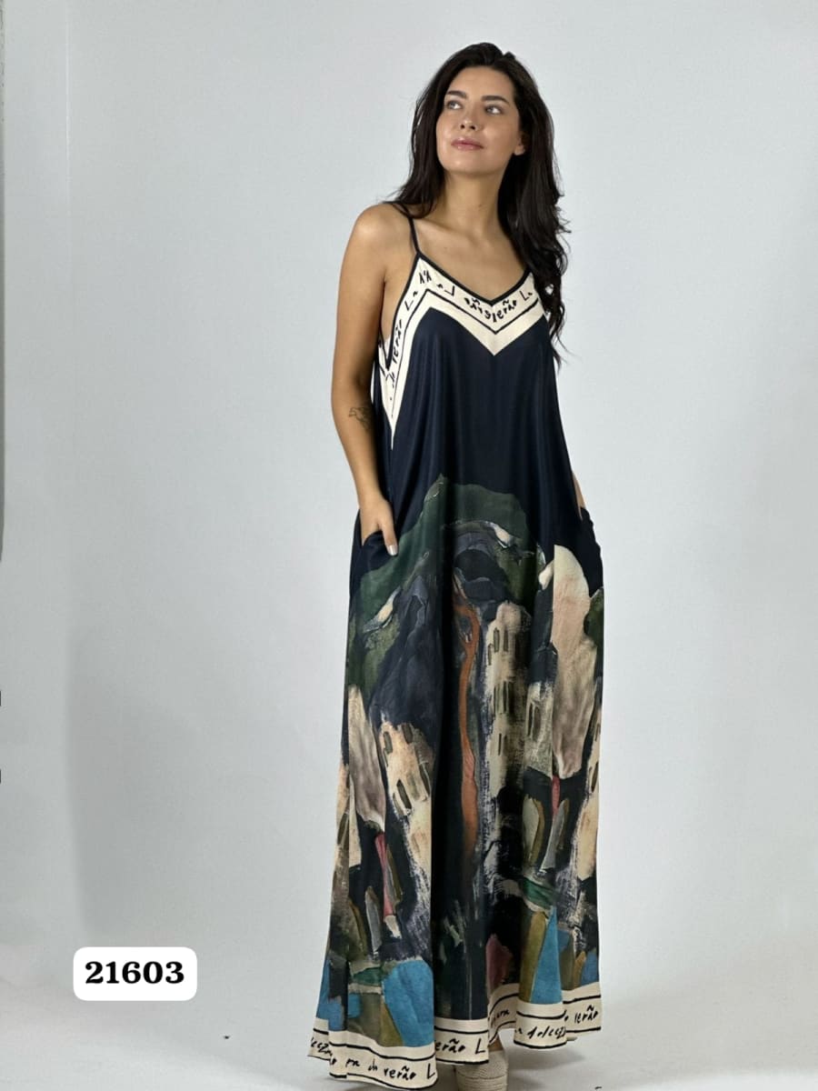 Vestido Satin Flor Abstracta Bordes con Letras A1-436