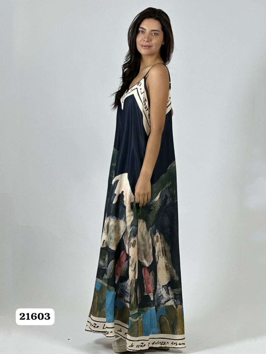 Vestido Satin Flor Abstracta Bordes con Letras A1-437