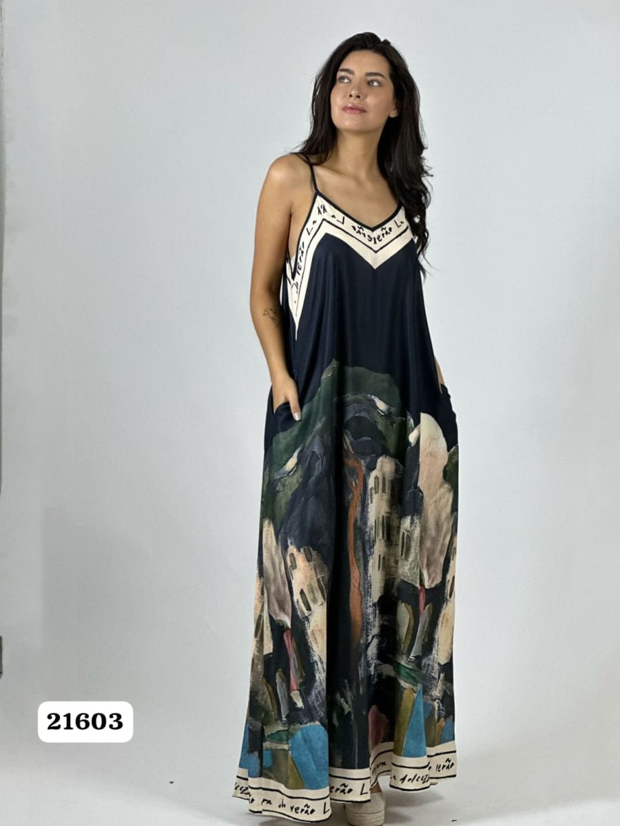 Vestido Satin Flor Abstracta Bordes con Letras A1-435