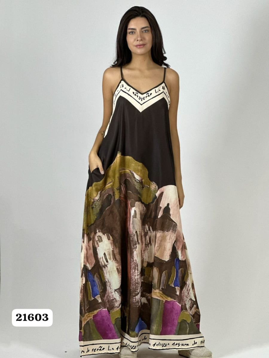 Vestido Satin Flor Abstracta Bordes con Letras A1-4313