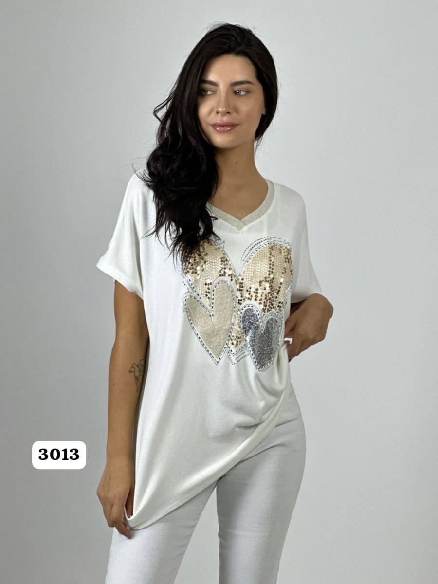 Polera Algodon Corazon Triple de Lentejuelas A1-432