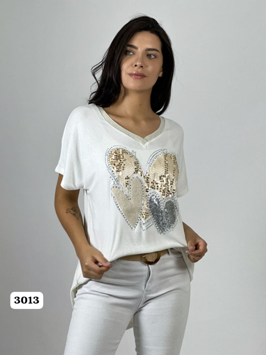 Polera Algodon Corazon Triple de Lentejuelas A1-431