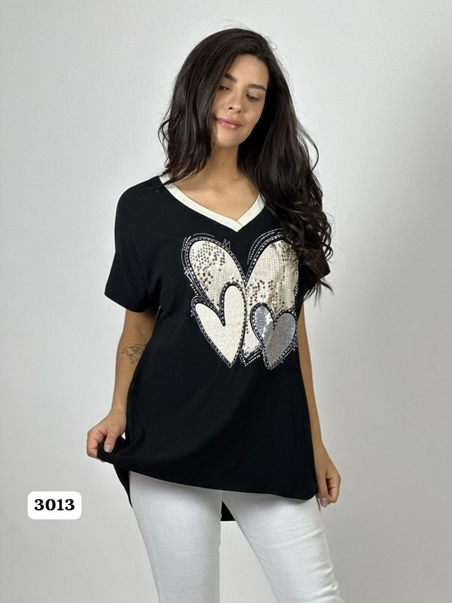 Polera Algodon Corazon Triple de Lentejuelas A1-435