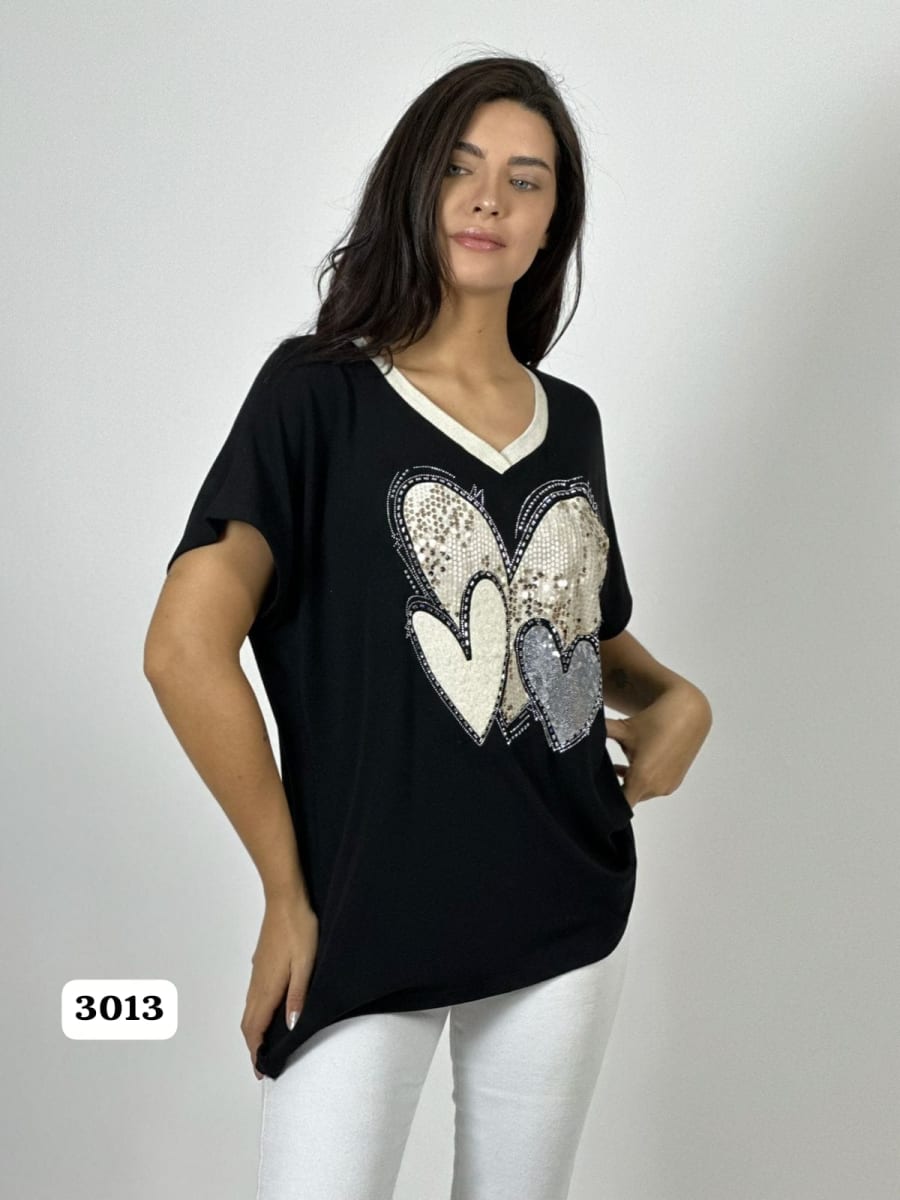 Polera Algodon Corazon Triple de Lentejuelas A1-434