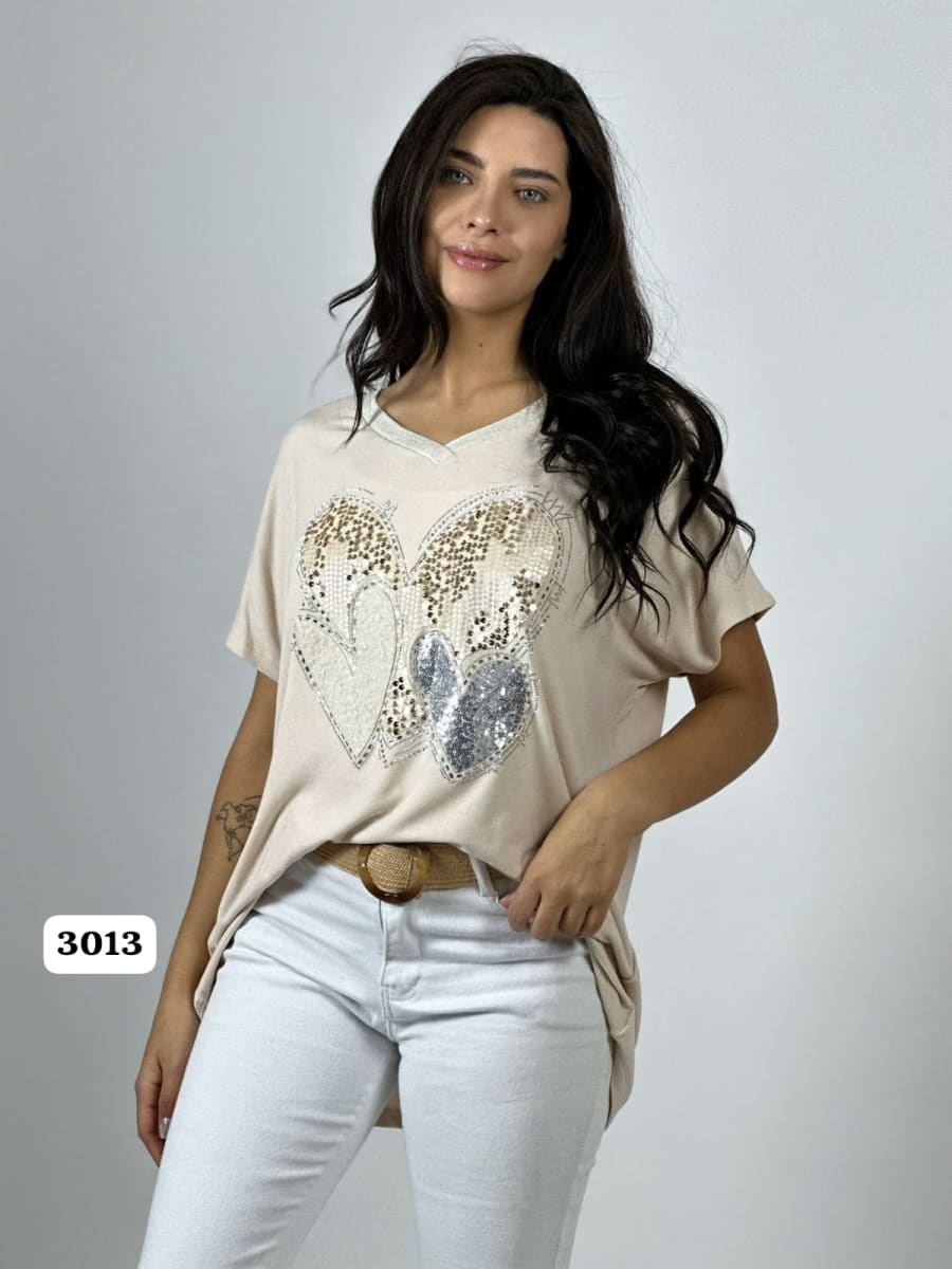 Polera Algodon Corazon Triple de Lentejuelas A1-437