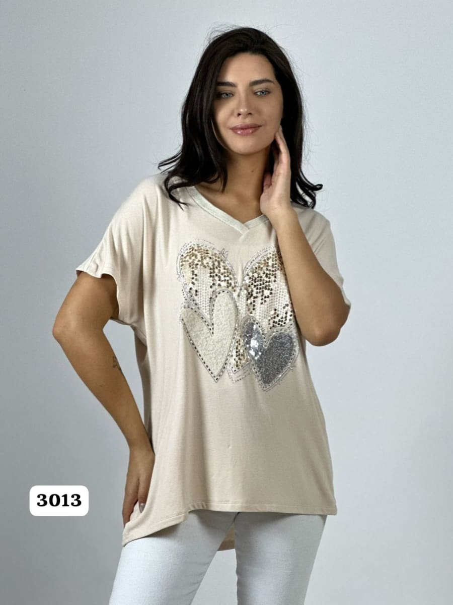 Polera Algodon Corazon Triple de Lentejuelas A1-439