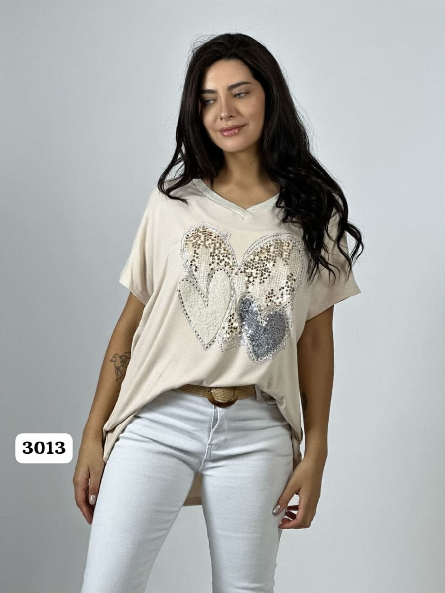 Polera Algodon Corazon Triple de Lentejuelas A1-438