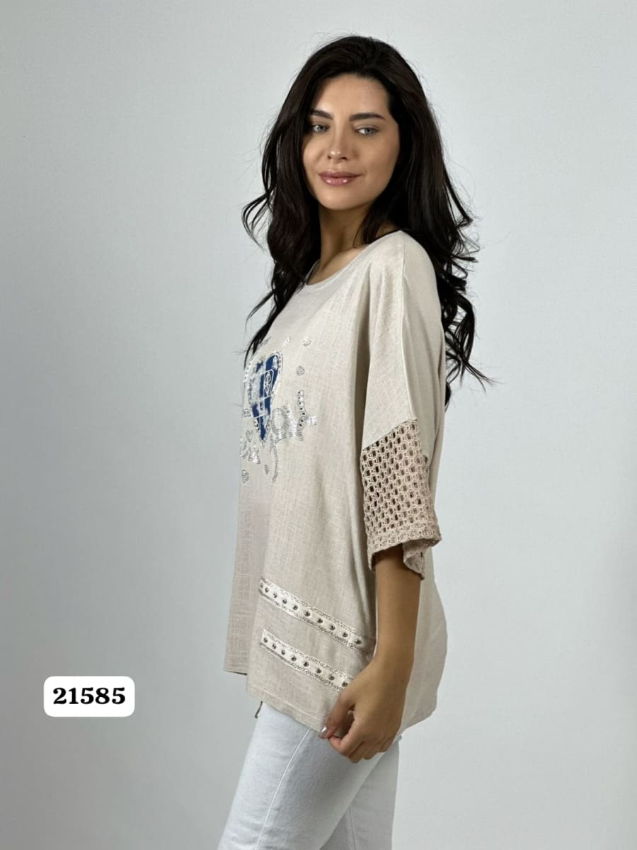 Polera Lino Mangas Tejidas Corazon con Brillos A1-106