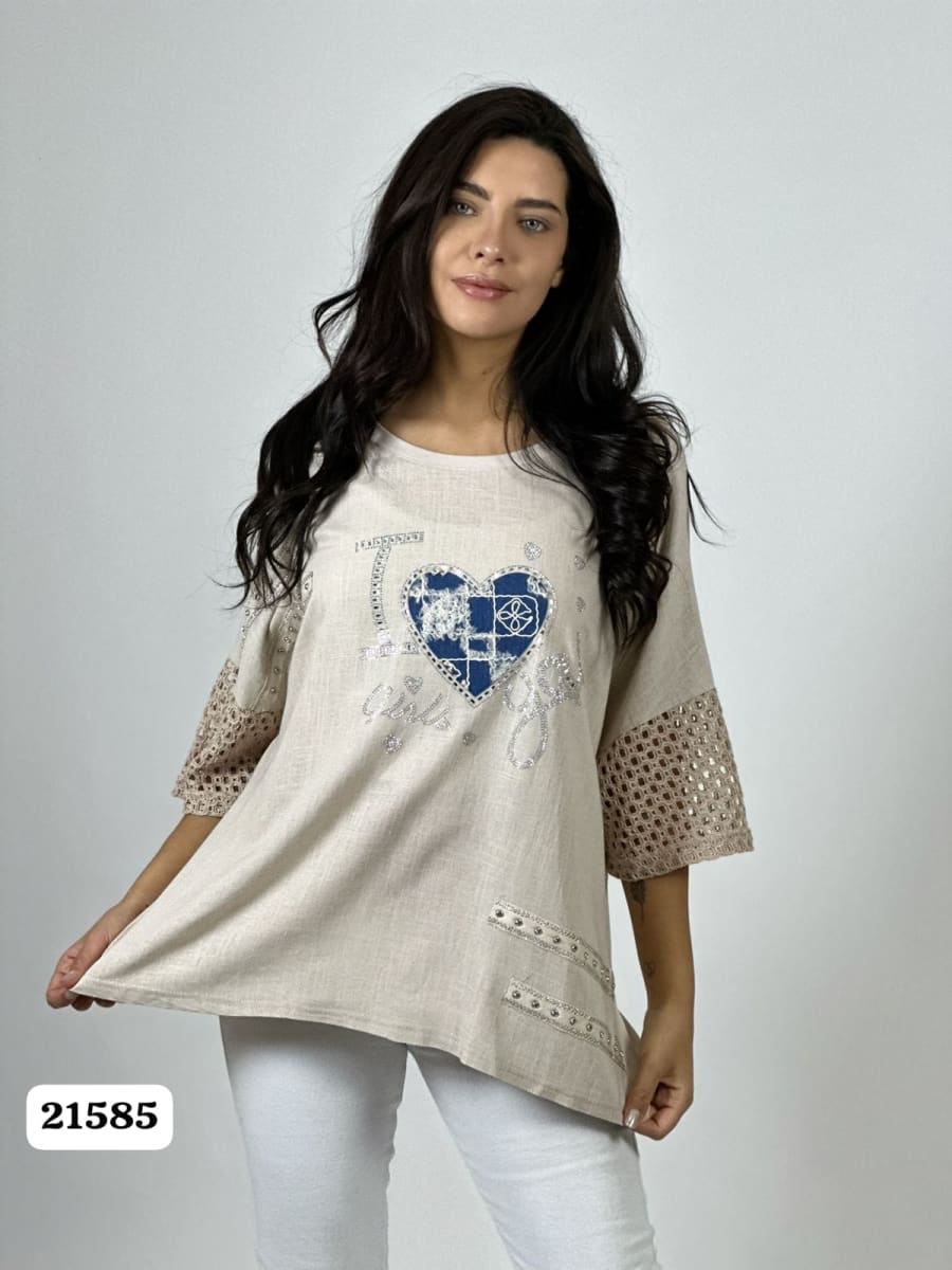 Polera Lino Mangas Tejidas Corazon con Brillos A1-105