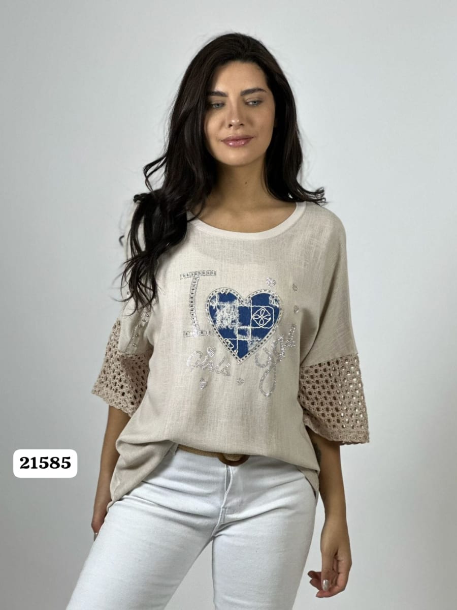 Polera Lino Mangas Tejidas Corazon con Brillos A1-104